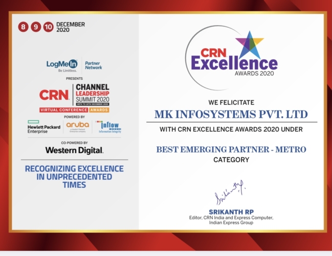 Best Emerging Partner at Metro City CRN Excellence award 2020